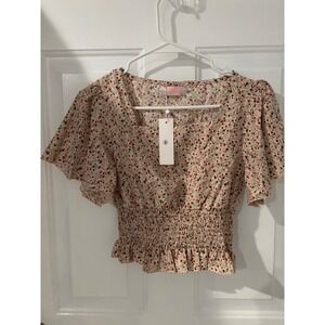 C+D+M Floral Smocked Crop‎ Top Flutter Sleeve Blouse Cottagecore Size S
